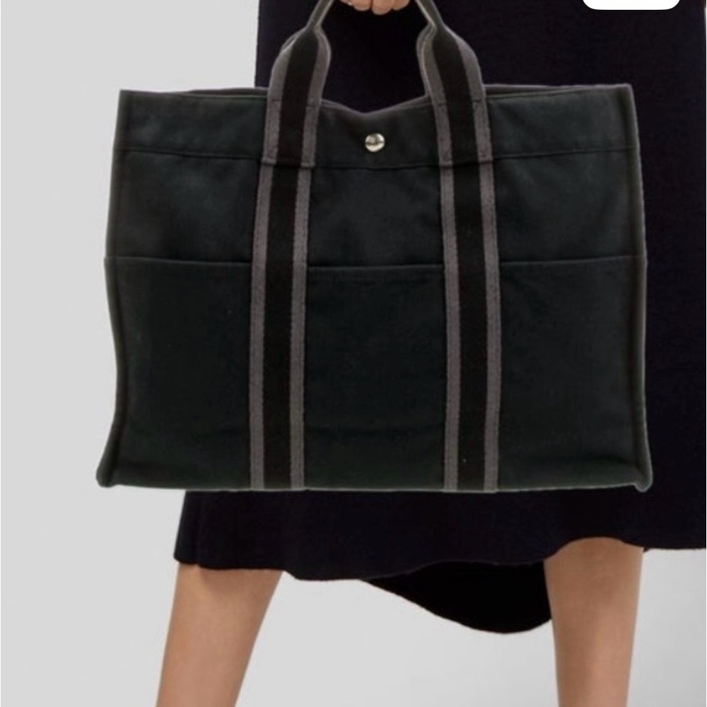 Hermès Fourre Tout MM Canvas Tote Bag Black Gray Stripe Authentic - Picture 16 of 16